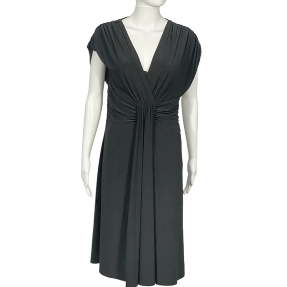 Evan Picone Black Stretch V Neck Ruched Short Sleeve Classic Midi Dress Sz 12 - Picture 1 of 10